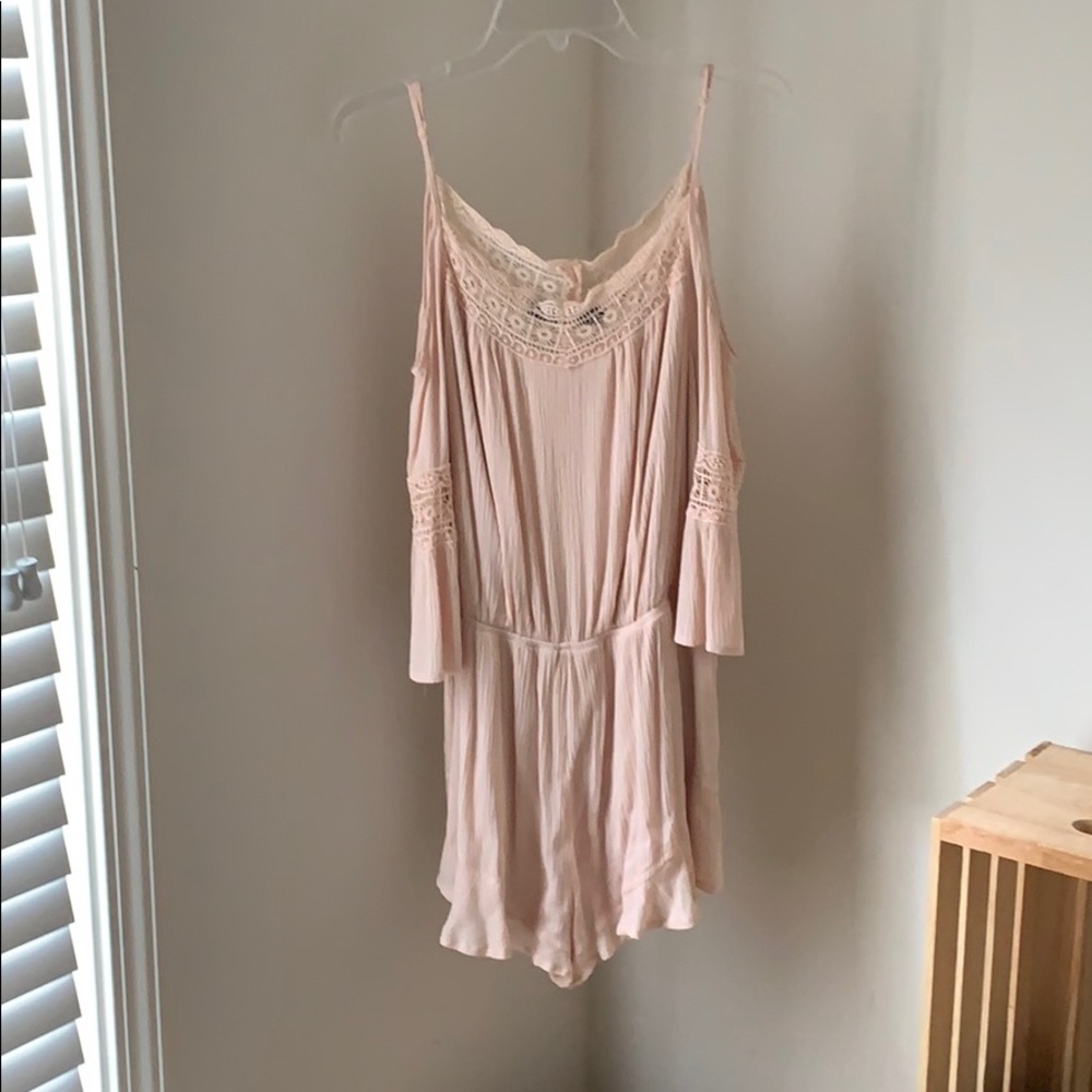 Pink lace cold shoulder romper